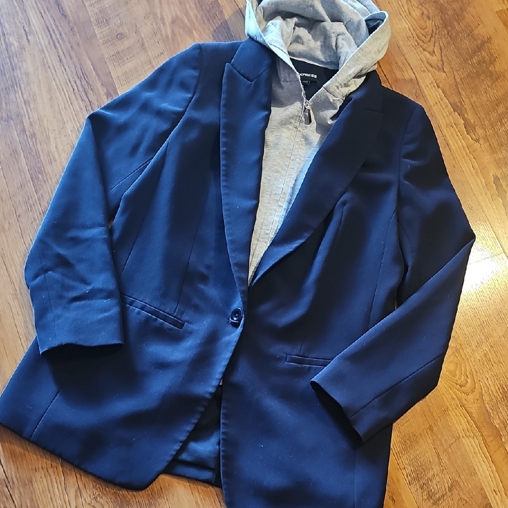 Express Navy Blazer with Light Gray Hoodie Layer - Picture 4 of 5
